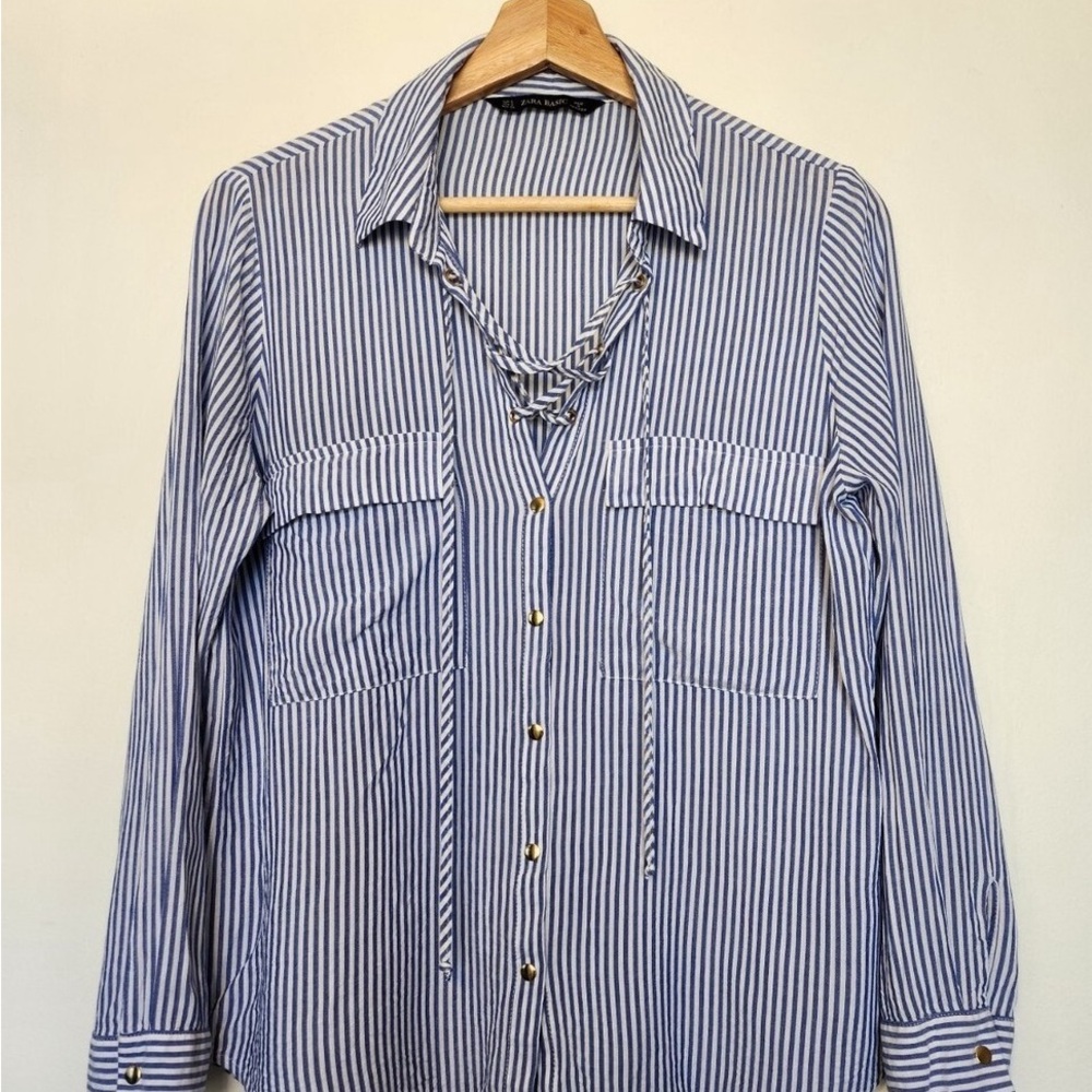 Zara Blue and White Striped Blouse